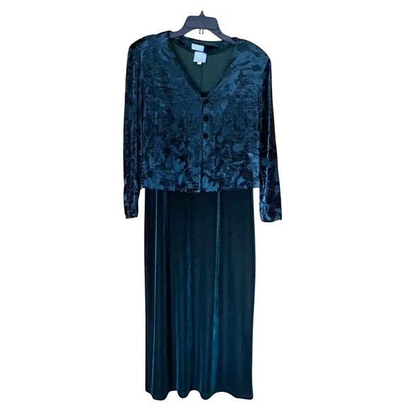Vintage 90s Velvet Maxi Dress Jacket Set Green 10P Holiday Party Y2K Goth - Picture 1 of 12